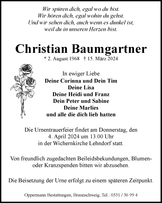 Traueranzeige von Christian Baumgartner von Braunschweiger Zeitung