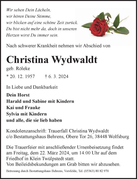 Traueranzeige von Christina Wydwaldt von Wolfsburger Nachrichten