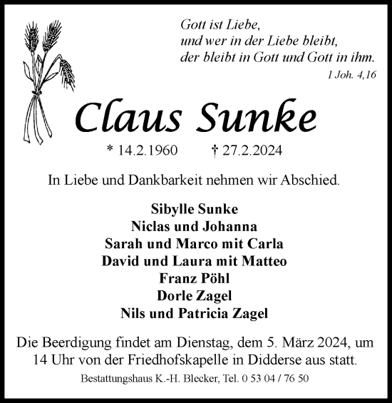 Traueranzeige von Claus Sunke von Braunschweiger Zeitung