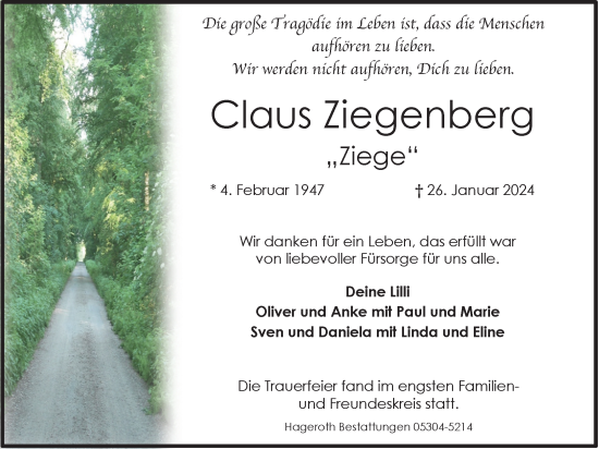 Traueranzeige von Claus Ziegenberg von Braunschweiger Zeitung