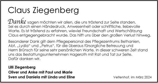 Traueranzeige von Claus Ziegenberg von Braunschweiger Zeitung