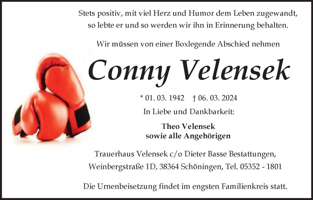  Traueranzeige für Conny Velensek vom 09.03.2024 aus Braunschweiger Zeitung