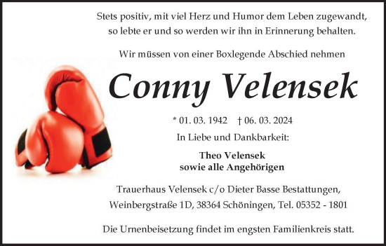 Traueranzeige von Conny Velensek von Braunschweiger Zeitung