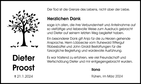 Traueranzeige von Dieter Proost von Wolfsburger Nachrichten
