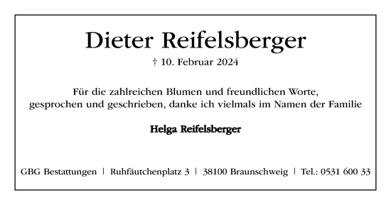 Traueranzeige von Dieter Reifelsberger von Braunschweiger Zeitung
