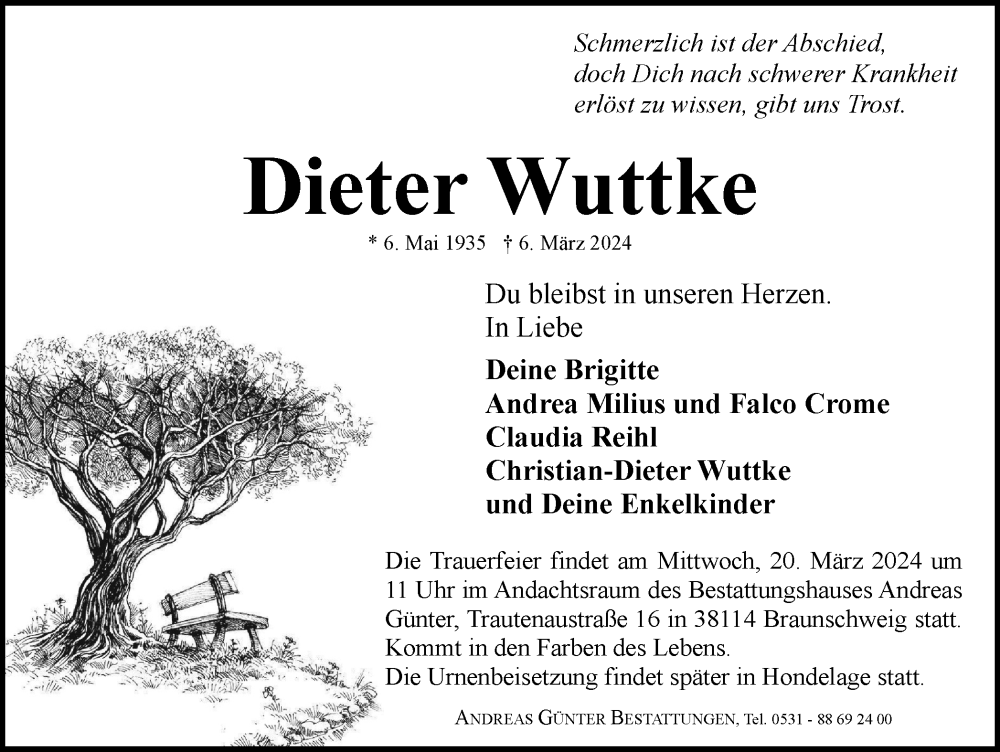  Traueranzeige für Dieter Wuttke vom 09.03.2024 aus Braunschweiger Zeitung