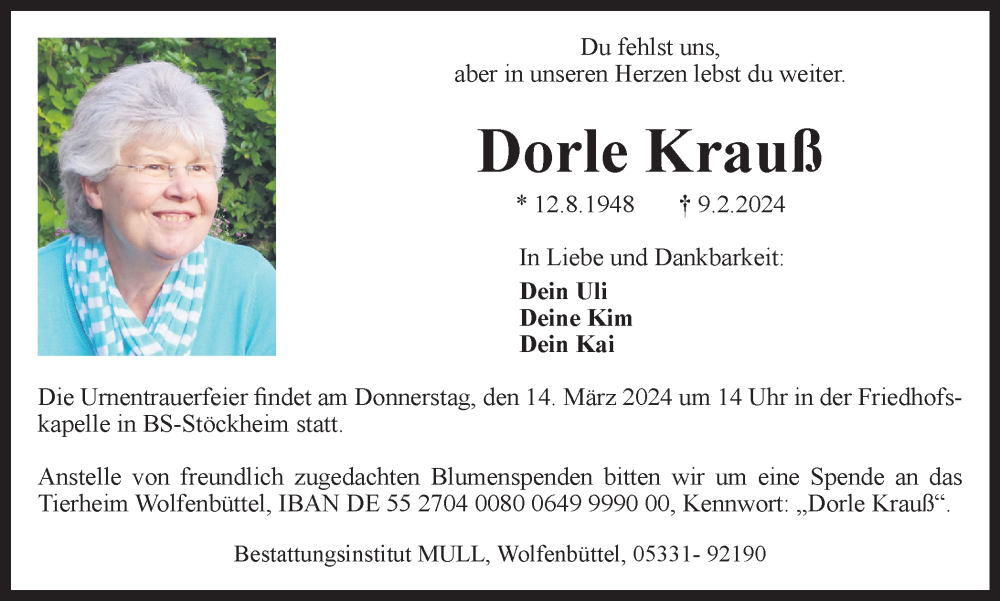  Traueranzeige für Dorle Krauß vom 02.03.2024 aus Braunschweiger Zeitung