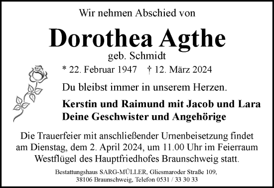 Traueranzeige von Dorothea Agthe von Braunschweiger Zeitung