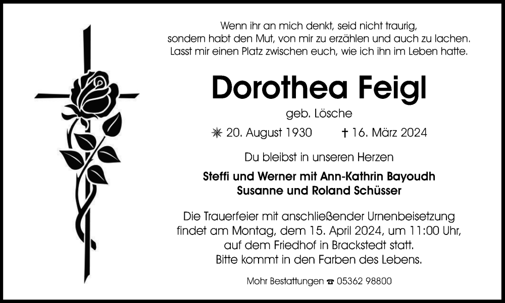  Traueranzeige für Dorothea Feigl vom 30.03.2024 aus Wolfsburger Nachrichten