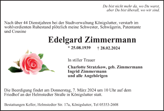 Traueranzeige von Edelgard Zimmermann von Helmstedter Nachrichten