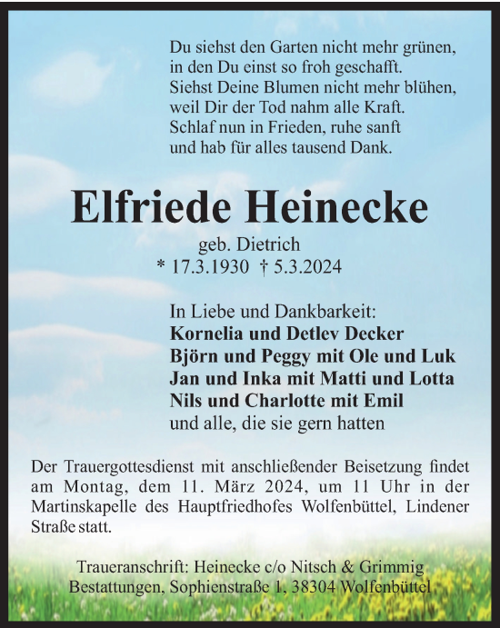 Traueranzeige von Elfriede Heinecke von Wolfenbütteler Zeitung
