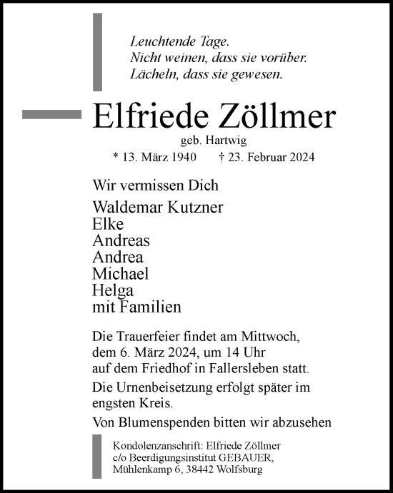 Traueranzeige von Elfriede Zöllmer von Wolfsburger Nachrichten