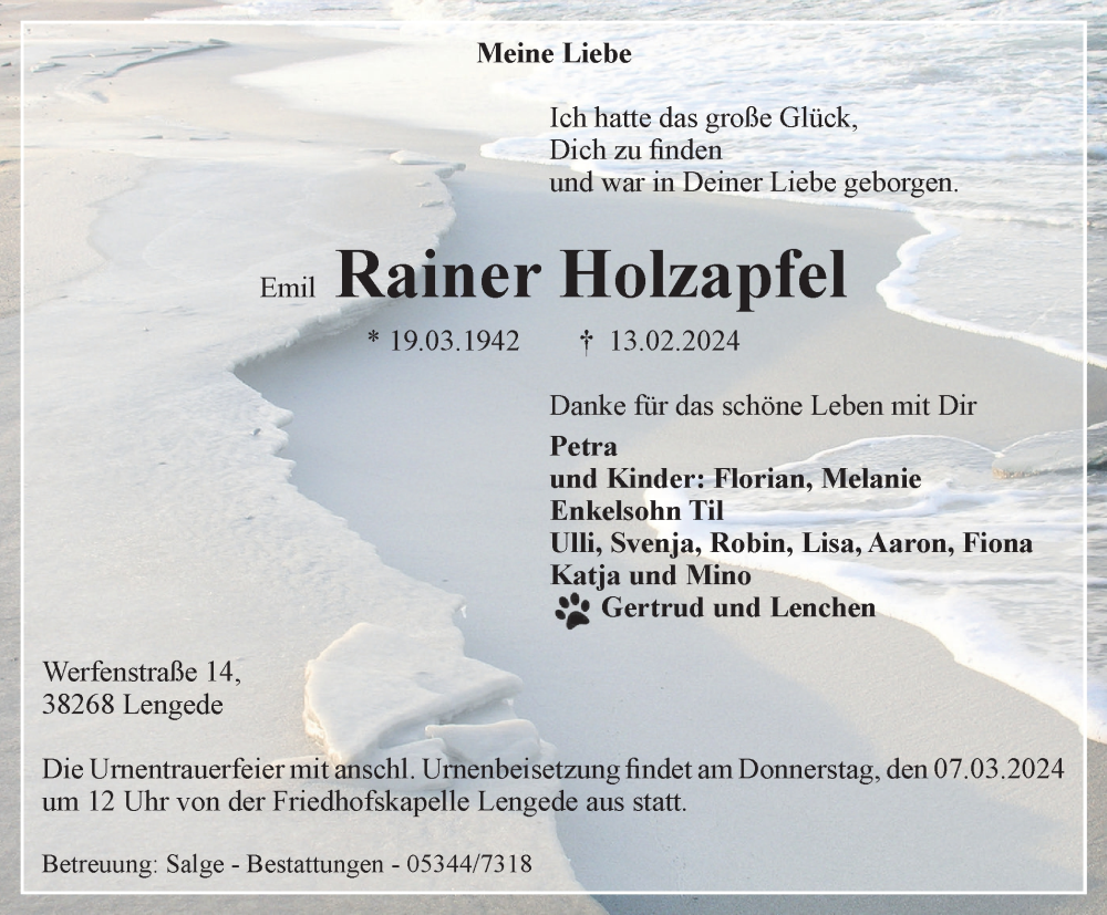  Traueranzeige für Emil Rainer Holzapfel vom 02.03.2024 aus Salzgitter-Zeitung, Peiner Nachrichten