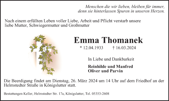 Traueranzeige von Emma Thomanek von Helmstedter Nachrichten