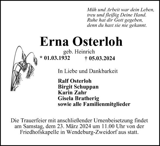 Traueranzeige von Erna Osterloh von Peiner Nachrichten