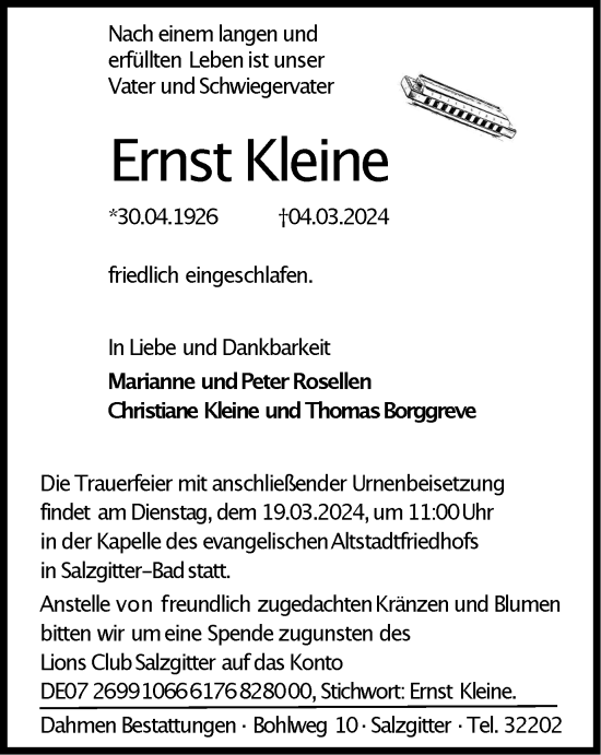 Traueranzeige von Ernst Kleine von Salzgitter-Zeitung