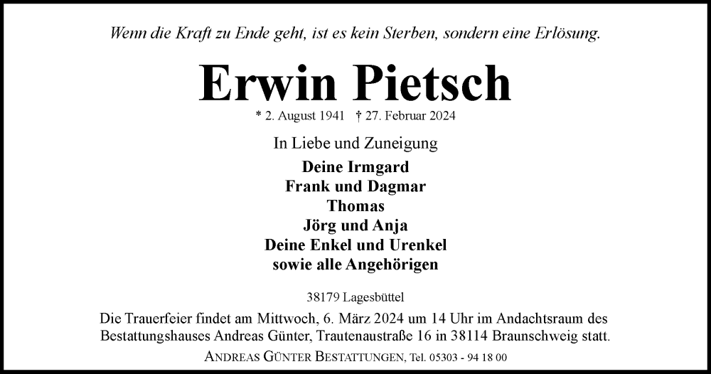  Traueranzeige für Erwin Pietsch vom 02.03.2024 aus Braunschweiger Zeitung