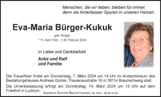 Traueranzeige von Eva-Maria Bürger-Kukuk von Braunschweiger Zeitung