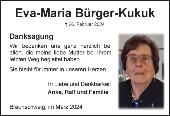 Traueranzeige von Eva-Maria Bürger-Kukuk von Braunschweiger Zeitung