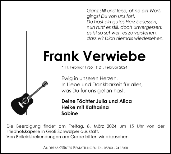 Traueranzeige von Frank Verwiebe von Braunschweiger Zeitung