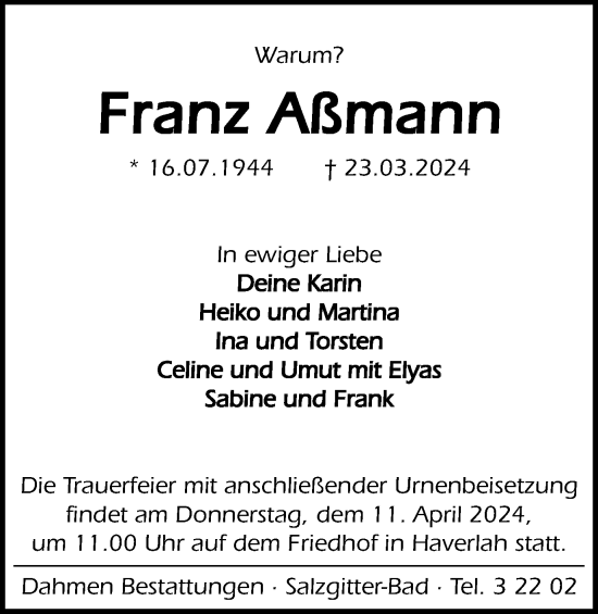 Traueranzeige von Franz Aßmann von Salzgitter-Zeitung