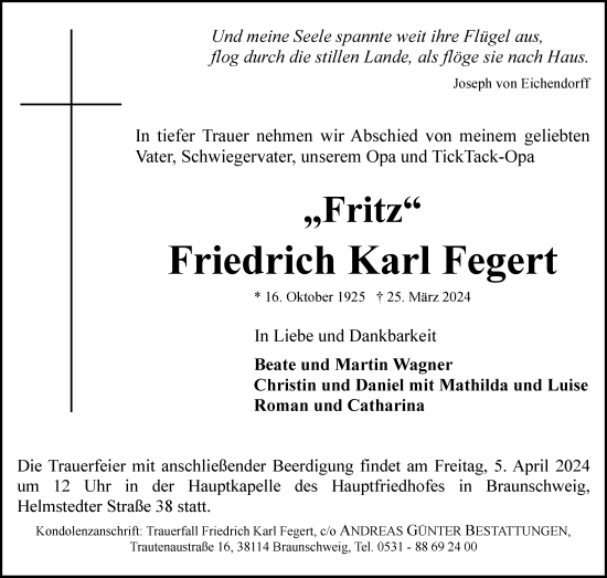 Traueranzeige von Friedrich Karl Fegert von Braunschweiger Zeitung