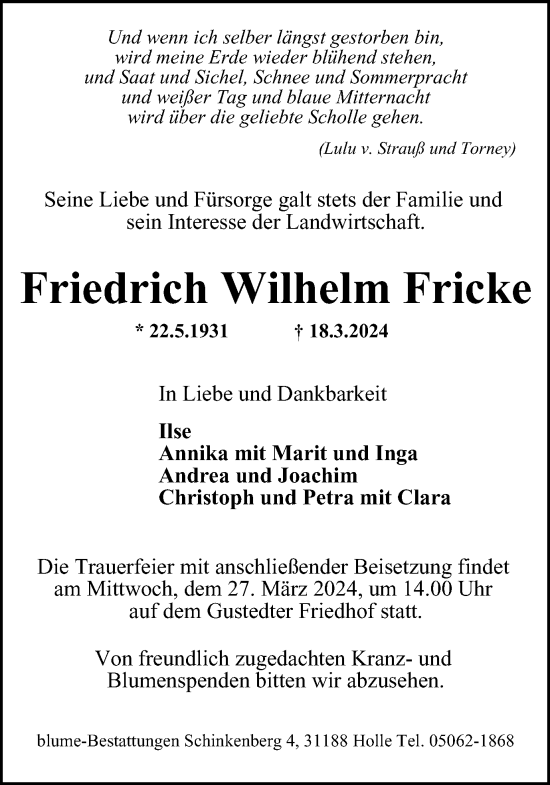 Traueranzeige von Friedrich Wilhelm Fricke von Salzgitter-Zeitung