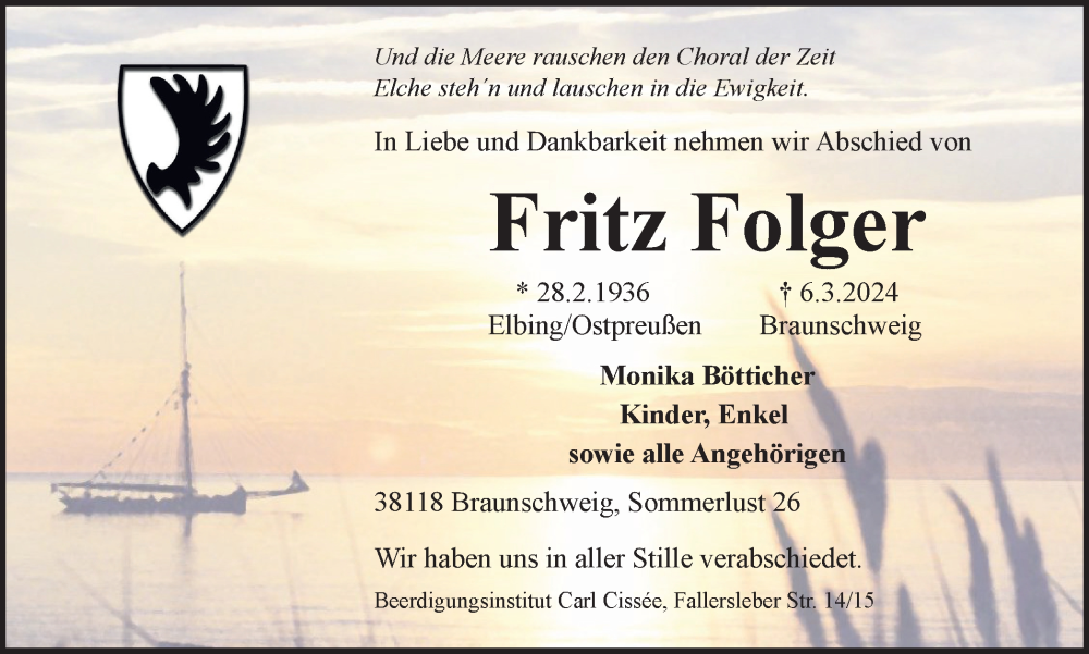  Traueranzeige für Fritz Folger vom 30.03.2024 aus Braunschweiger Zeitung