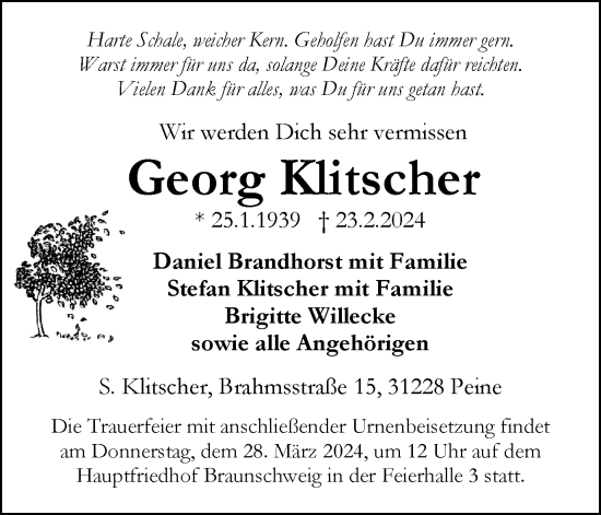 Traueranzeige von Georg Klitscher von Braunschweiger Zeitung