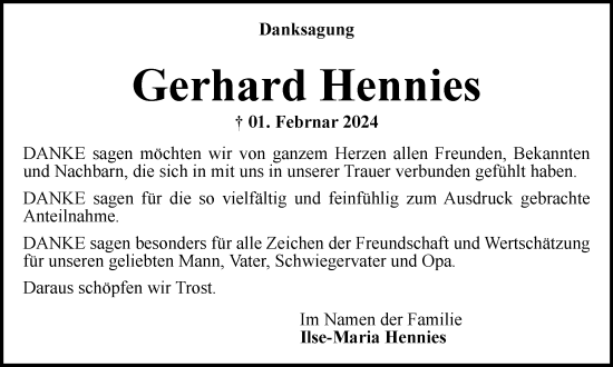 Traueranzeige von Gerhard Hennies von Braunschweiger Zeitung