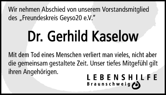 Traueranzeige von Gerhild Kaselow von Braunschweiger Zeitung