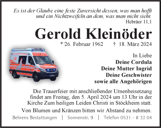 Traueranzeige von Gerold Kleinöder von Braunschweiger Zeitung