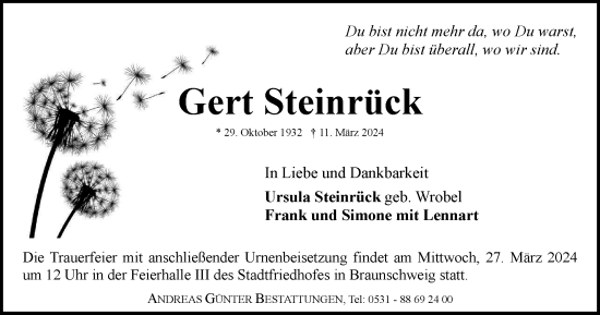 Traueranzeige von Gert Steinrück von Braunschweiger Zeitung