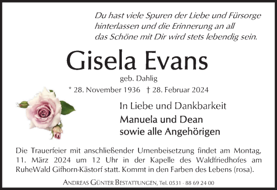 Traueranzeige von Gisela Evans von Braunschweiger Zeitung