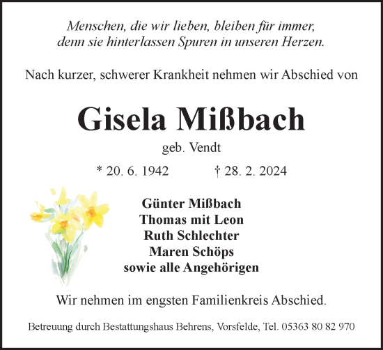 Traueranzeige von Gisela Mißbach von Wolfsburger Nachrichten