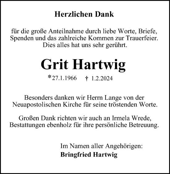 Traueranzeige von Grit Hartwig von Braunschweiger Zeitung