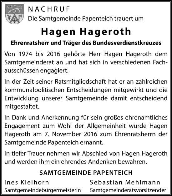 Traueranzeige von Hagen Hageroth von Wolfsburger Nachrichten