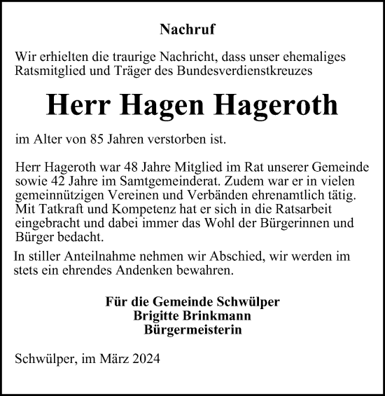 Traueranzeige von Hagen Hageroth von Braunschweiger Zeitung
