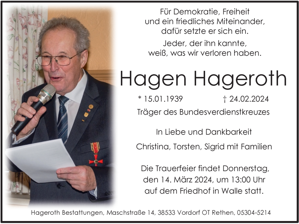  Traueranzeige für Hagen Hageroth vom 02.03.2024 aus Braunschweiger Zeitung