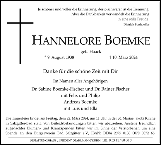 Traueranzeige von Hannelore Boemke von Salzgitter-Zeitung
