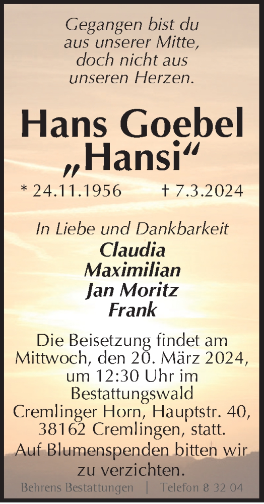 Traueranzeige von Hans Goebel von Braunschweiger Zeitung