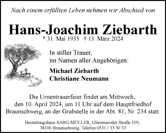 Traueranzeige von Hans-Joachim Ziebarth von Braunschweiger Zeitung