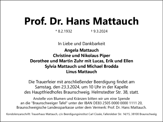 Traueranzeige von Hans Mattauch von Braunschweiger Zeitung