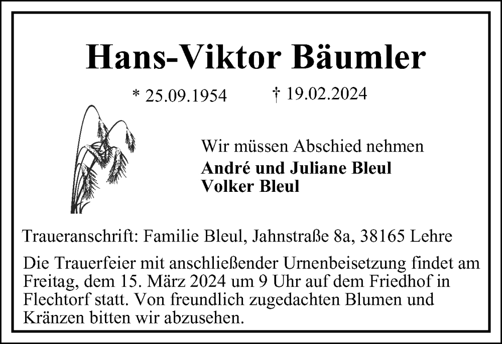  Traueranzeige für Hans-Viktor Bäumler vom 09.03.2024 aus Braunschweiger Zeitung