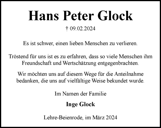 Traueranzeige von Hans Peter Glock von Helmstedter Nachrichten