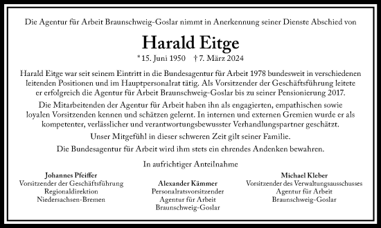 Traueranzeige von Harald Eitge von Braunschweiger Zeitung