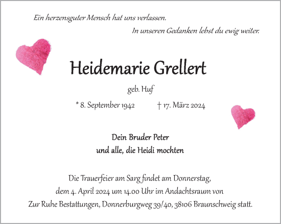 Traueranzeige von Heidemarie Grellert von Braunschweiger Zeitung