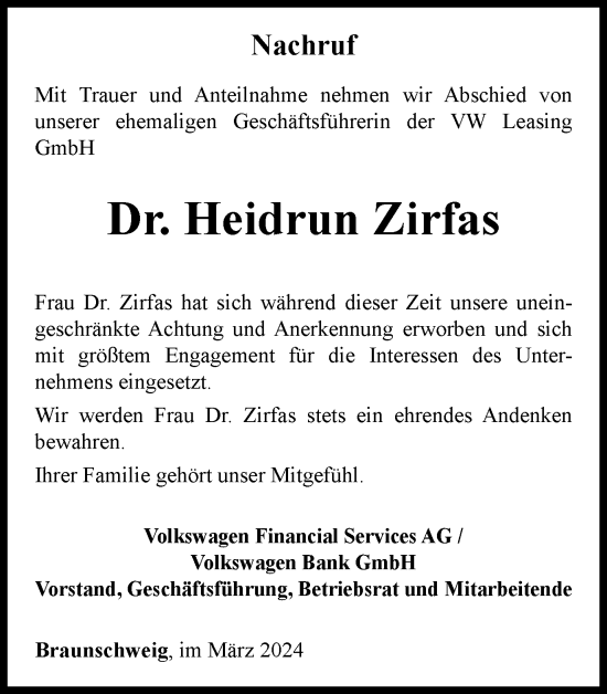 Traueranzeige von Heidrun Zirfas von Braunschweiger Zeitung