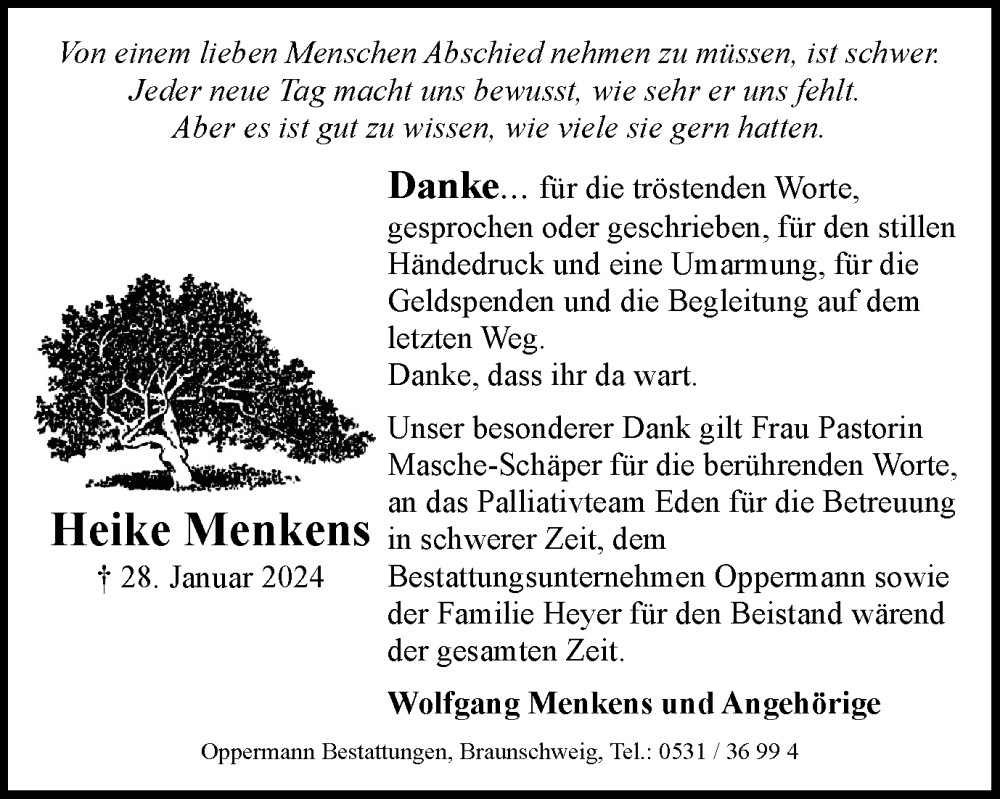 Traueranzeige für Heike Menkens vom 09.03.2024 aus Wolfenbütteler Zeitung
