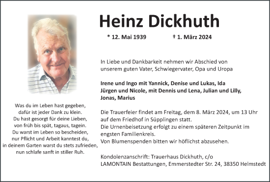 Traueranzeige von Heinz Dickhuth von Helmstedter Nachrichten